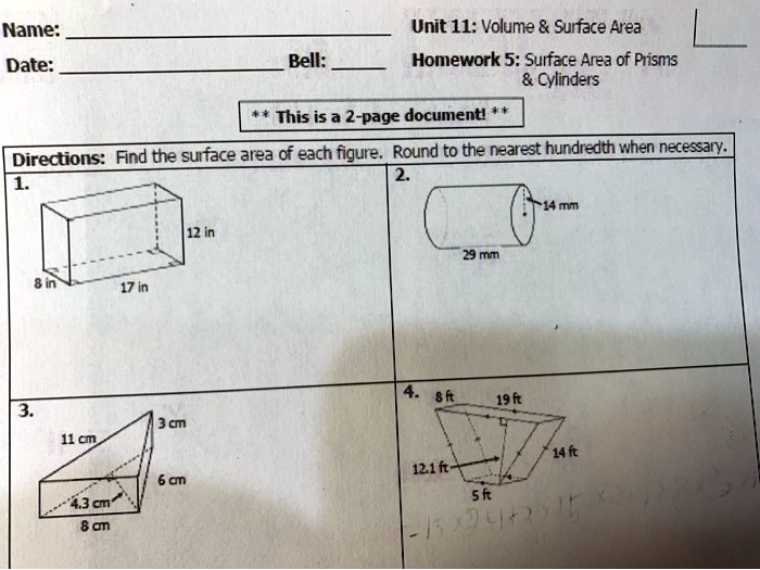 Unit 11 volume and surface area test answers